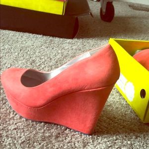 Coral suede wedges